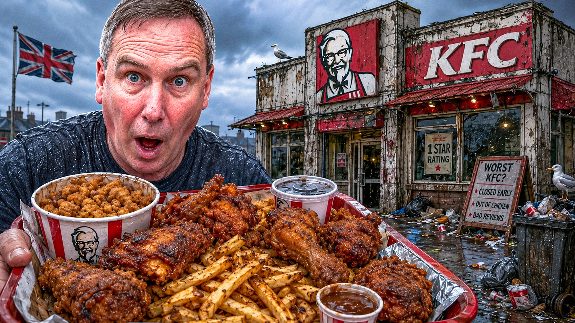 IRL food review thumbnail with surprised reviewer and messy KFC food