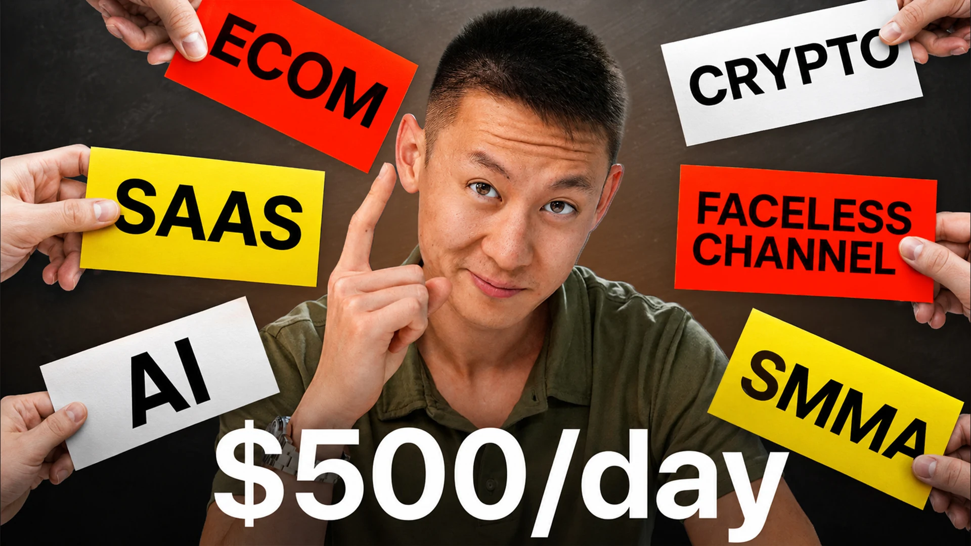 Business thumbnail with $500 per day income hook and niche labels